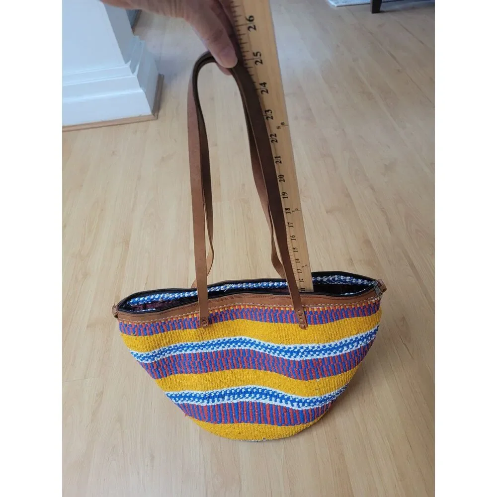 African Kiondo Market Bag Handwoven Tote Yellow Blue Striped Leather Large